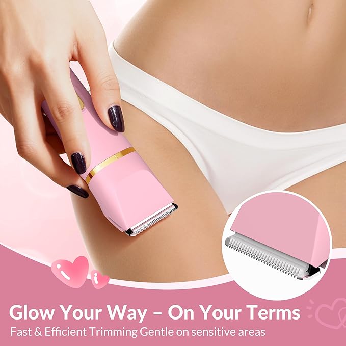 KINGTEE 5-in-1 Electric Bikini Trimmer for Women – IPX7 Waterproof Shaver, Cordless Body & Facial Razors for Women, Ceramic Blades, USB-C Rechargeable, Painless Hair Removal Kit (Pink)