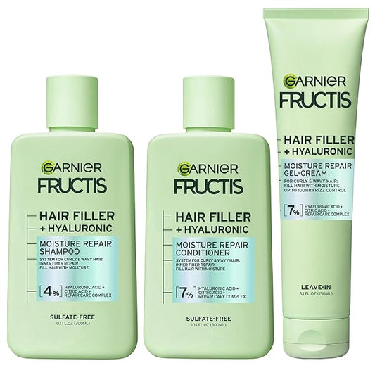 Garnier Fructis Hair Filler Moisture Repair Shampoo and Conditioner + Gel-Cream Set, Hair Care for Curly, Wavy Hair with Hyaluronic Acid, 3 Items, 1 Kit