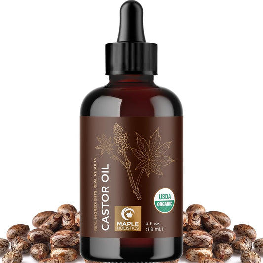 Organic Castor Oil Glass Bottle - 100% Pure Castor Oil Organic Cold Pressed Unrefined Glass Bottle - Extra Virgin Non GMO Hexane Free Cruelty Free Dermatologist Tested and USDA Certified (4 Fl Oz)