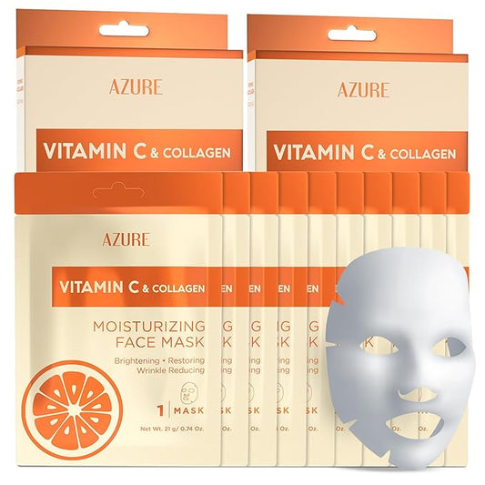AZURE Vitamin C & Collagen Moisturizing Facial Sheet Mask- Anti Aging, Deeply Moisturizing & Firming - Improves Elasticity - Skin Care Made in Korea - 10 Pack