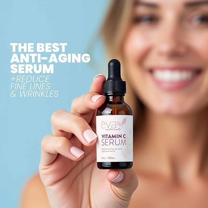 Eva Naturals Vitamin C Serum for Face - 20% Vit C with Hyaluronic Acid, Ferulic Acid & Vitamin E - Facial Serum for Dark Spots, Acne, Anti Aging, Glow & Even Skin Tone, 1 oz