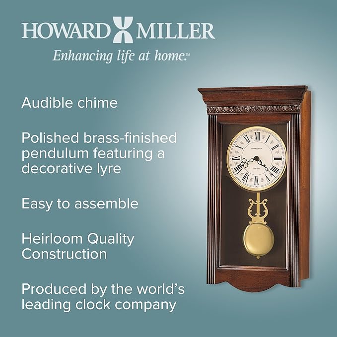 Howard Miller Eastmont Wall Clock, Wooden Finish with Golden Pendulum | Round Cream Dial with Roman Numerals & Volume Control Dual-Chime Movement Best for Living Room Office & Home Decor