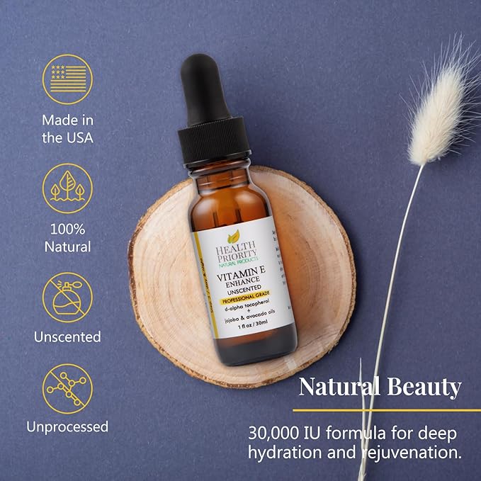 Health Priority Naturals|Organic Vitamin E Oil for Skin - Jojoba, Avocado Oil - Unscented, Handcrafted for Face/Hair, Non-GMO, No Gluten, 30000 IU, 1 Fl oz