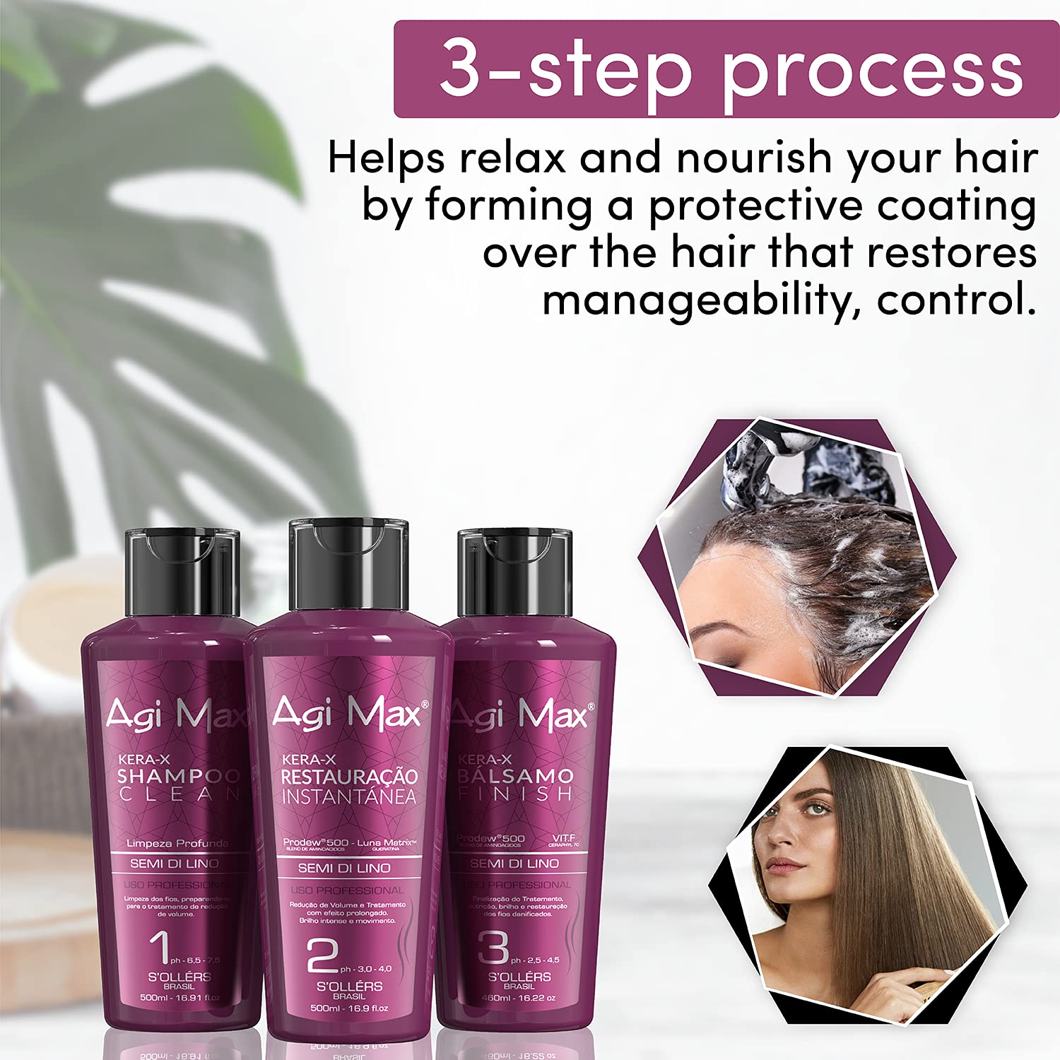 Brazilian Natural Keratin Hair Treatment Kit for Straightening Curls and Frizz, Reducing Dry Damage, Nourish and Hydrate Root to Tip, Support Color Treated Styles - 1 liter 3 Steps 3 x 500ml - Glowelle