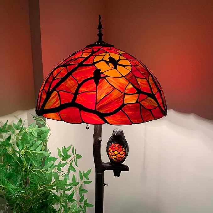 Bieye L10936 Ravens Sitting on Bare Tree Branch Against Full Moon Tiffany Style Stained Glass Floor Lamp with Raven Night Light Double Lit for Halloween Décor, 4-Light, 65 inches Tall (Black Red)