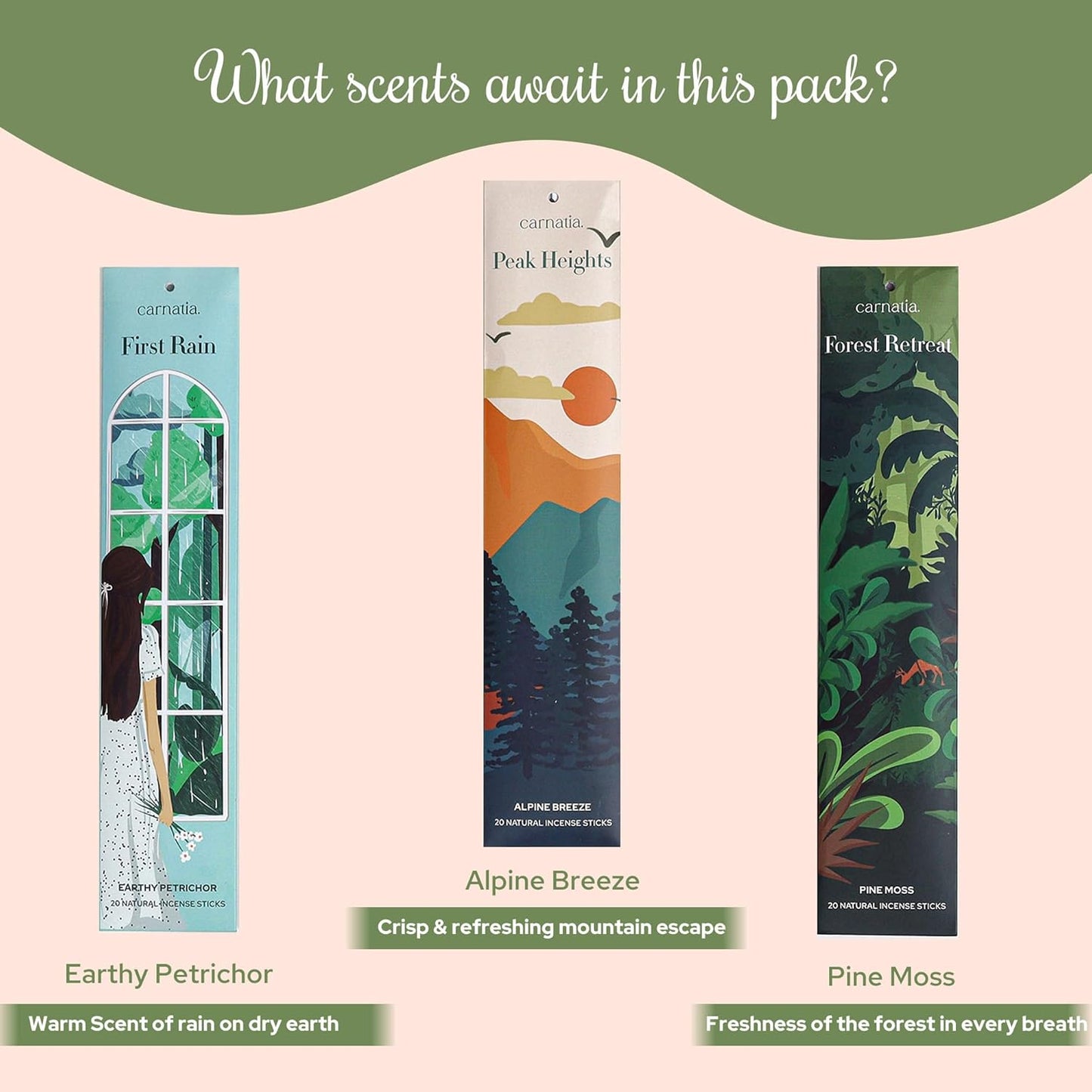 Carnatia Into The Nature Incense Sticks – Set of 6 Fresh, Earthy Scents for Stress Relief, Inner Peace & Clarity | Natural, Long-Lasting Aromas to Reconnect with The Earth Like Never Before! - Glowelle