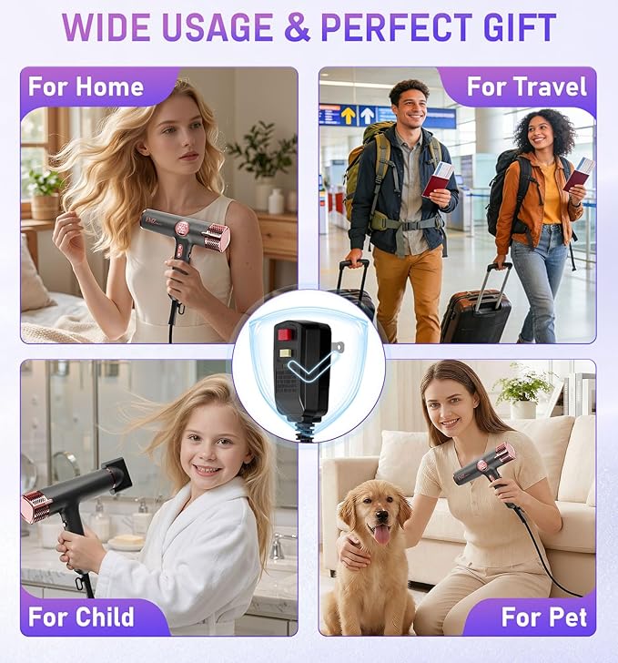 FMZ Professional Hair Blow Dryer with Diffuser, 1875W High Speed Brushless Motor for Fast Drying, Smart Display, Portable Small Light weight Low Noise, Curly Ionic Blowdryer for Women Men Salon Travel