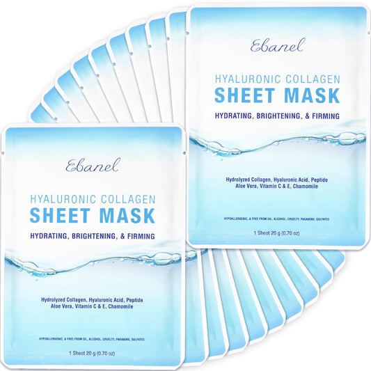 Ebanel 20 Pack Collagen Face Mask with Hyaluronic Acid, Vitamin C, Peptide, Aloe, Instant Brightening Hydrating Face Masks Skincare Korean Sheet Mask, Skin Firming, Lifting Anti Aging Facial Masks - Glowelle