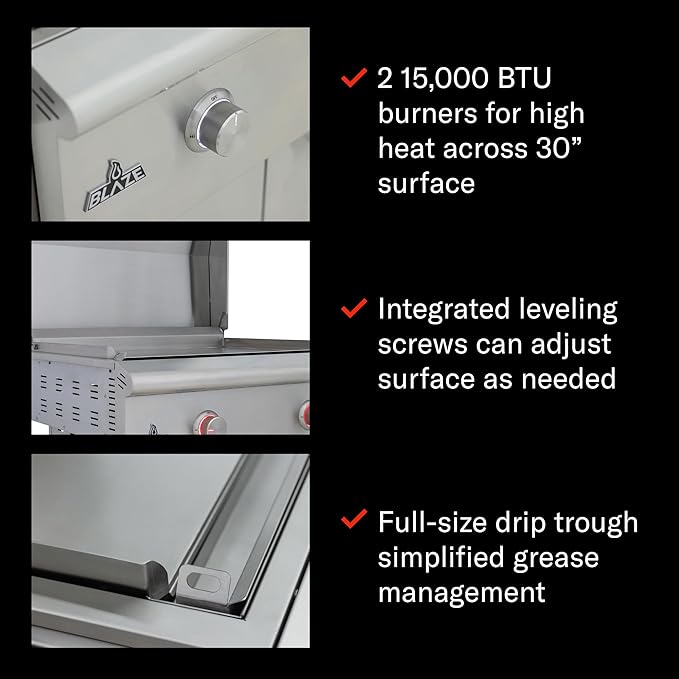 Blaze LTE+ 30-Inch Propane Gas Griddle with Lift-Assist Hood | Dual 15,000 BTU Burners | 8mm Reinforced Griddle Surface | Front Grease Management | Stainless Steel Construction BLZ-GRIDDLE-LTE3-LP