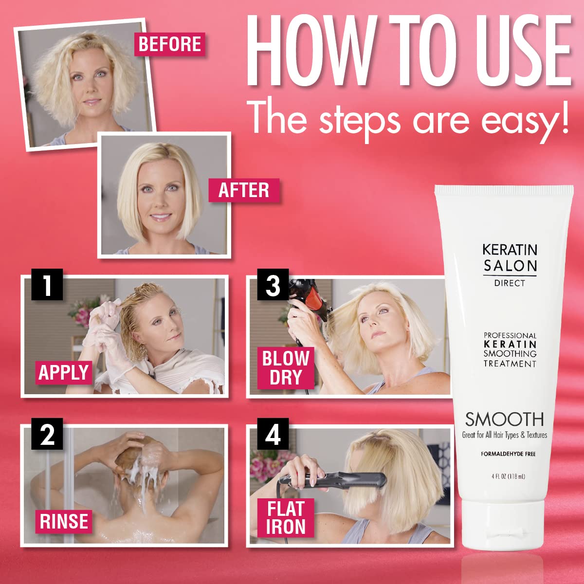 Keratin Hair Treatment, 4 oz | Frizz Control, Formaldehyde Free, Salon Quality, Smoothing Treatment, Long Lasting, Cream for All, Frizzy, Curly, Dry, Damaged Hair - Glowelle