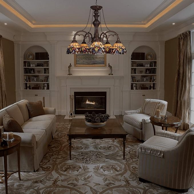 Capulina Tiffany Lamp Stained Glass Pendant Light Chandelier 5-Light Cream Brown Victorian Tiffany Style Pendant Light Fixtures for Dining Room Living Room Foyer Kitchen Home