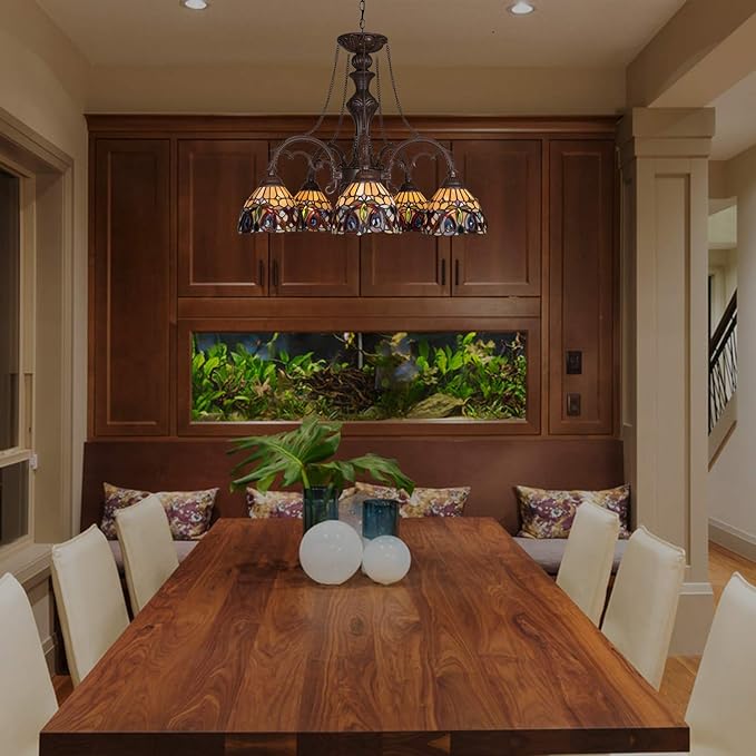 Capulina Tiffany Lamp Stained Glass Pendant Light Chandelier 5-Light Cream Brown Victorian Tiffany Style Pendant Light Fixtures for Dining Room Living Room Foyer Kitchen Home