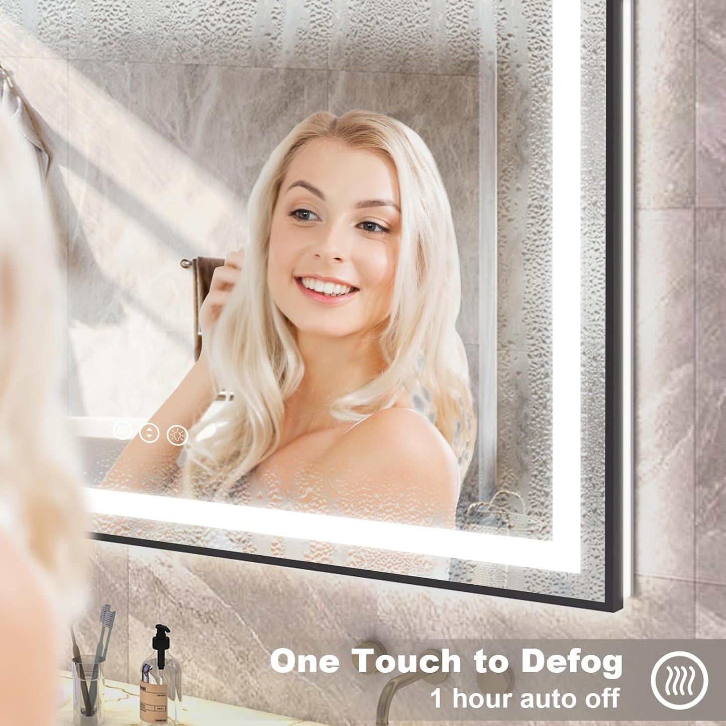 OKPAL 44x32 LED Bathroom Mirror, Lighted Bathroom Mirror with Black Frame, Lighted Vantiy Mirror for Bathroom, Defogger, Dimmable, Shatterproof, Memory, ETL Listed (Front Light and Backlit)