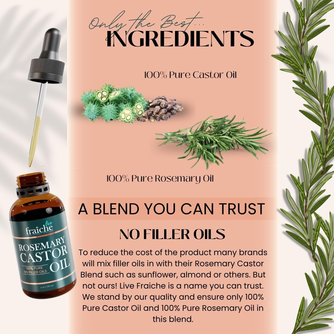 Live Fraiche Rosemary Castor Oil for Hair Growth 4 Ounce - Cold Pressed Castor Oil and Rosemary Oil for Damaged Hair to Reduce Hair Loss - Glowelle