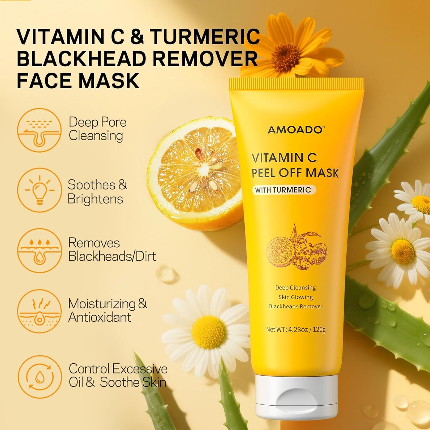 Blackhead Remover Mask, Peel Off Face Mask with Vitamin C & Turmeric for Men and Women–Deep Cleansing Nose Facial Mask for Blackheads, Pores & Oil Control with Pimple Extractor and Brush