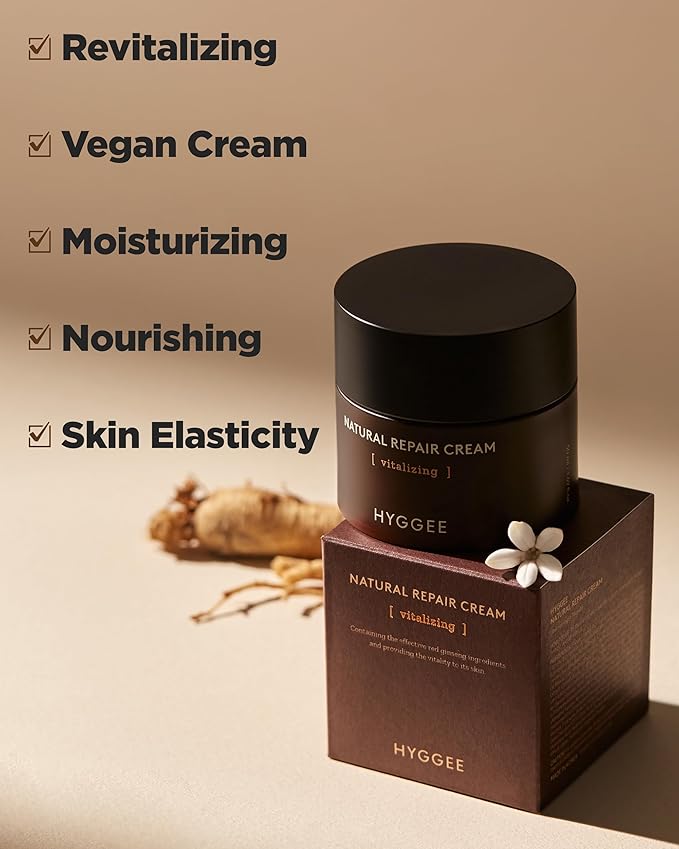 Natural Repair Cream - Vegan Red Ginseng & Peptides Nourishing Moisturizer for Enhanced Elasticity and Vitality - Anti Aging, Firming, Hydrating Face Cream for Rough and Dry Skin, 1.69oz.