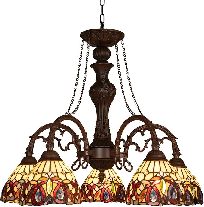 Capulina Tiffany Lamp Stained Glass Pendant Light Chandelier 5-Light Cream Brown Victorian Tiffany Style Pendant Light Fixtures for Dining Room Living Room Foyer Kitchen Home