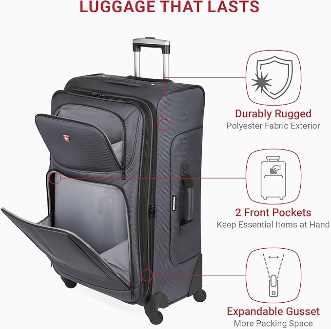 SwissGear Sion 3-Piece Set, Softside Expandable Luggage – 21 Inch Carry-On & 25 & 29 Inch Checked Suitcases with 360 Degree Wheels & Retractable Handless – Dark Gray