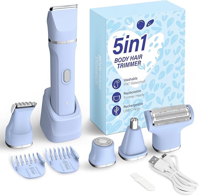 KINGTEE 5-in-1 Electric Bikini Trimmer for Women – IPX7 Waterproof Shaver, Cordless Body & Facial Razors for Women, Ceramic Blades, USB-C Rechargeable, Painless Hair Removal Kit (Blue)