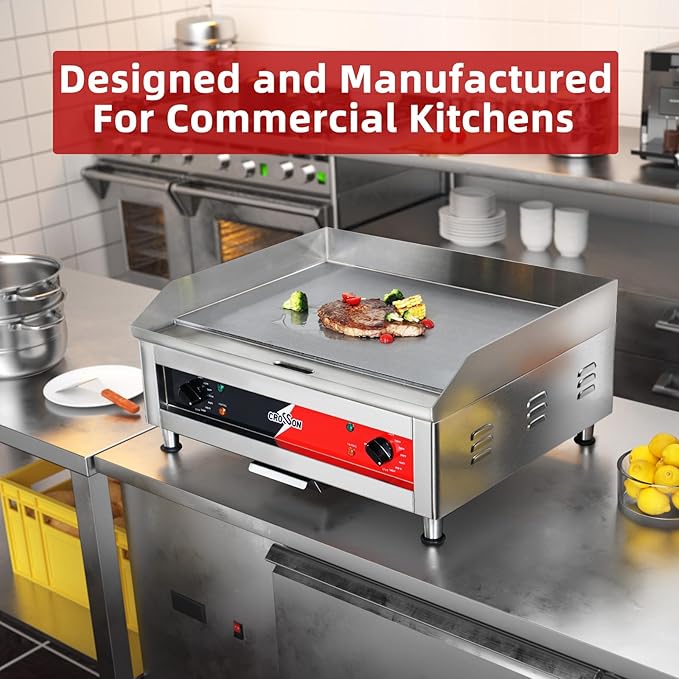 CROSSON 24"*16" Commercial Electric Countertop Griddle,Flat Top Heavy Duty Griddles with Non-Stick 2/5" Thick Iron Cooking Plate for Restaurant use-120V/3500W,Spatula Bonuses