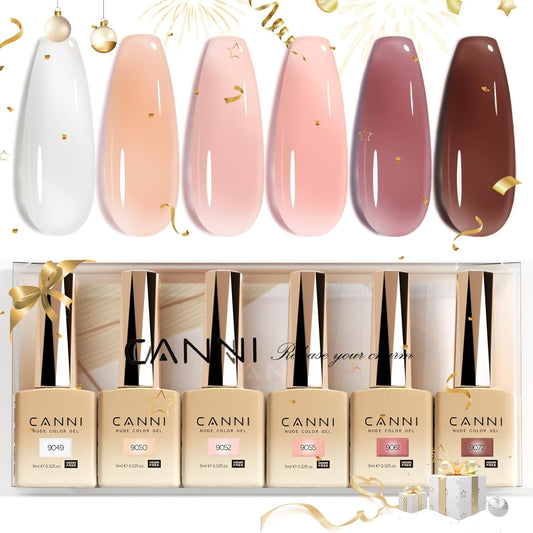 CANNI 9ml Hema-Free Gel Nail Polish Set- 6Pcs Jelly Nude Pink Neutral Transparent Milky White Colors Kit,Soak Off LED Manicure Kit DIY at Home Salon Gifts for Women Girls,A01-Sheer Jelly Nude Pink