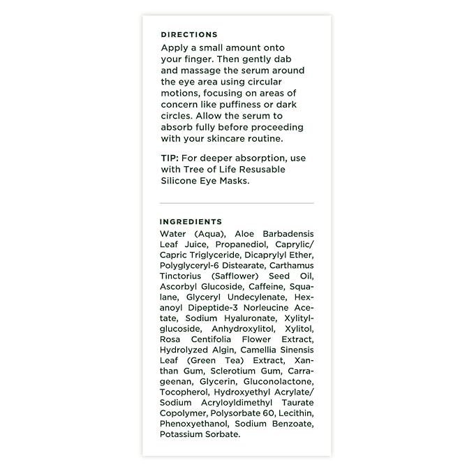 Tree of Life Facial Serum for Face - Skin Care Face Serums, Hydrating, Anti-Aging, Skin Care Duo Serums to Brightening Dark Spot, Smooth Dry & Sensitive Skins (Caffeine Eye Serum, 1oz)