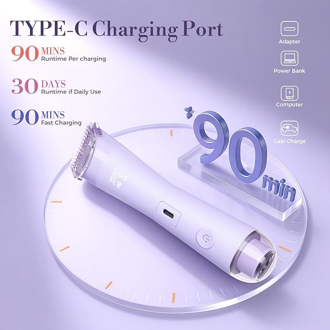 Bikini Trimmer for Women, 2 in 1 Electric Shaver for Women, Bikini RazorWaterproof IPX7 with LED, Pubic Hair Trimmer for Leg Arm Underarm Bikini Area, Pull Bows Gift Box(Lavender Dream Purple)