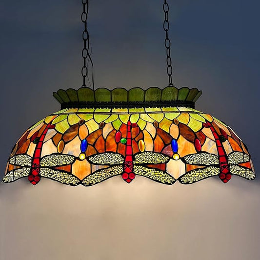 Capulina Tiffany Lamp Stained Glass Pool Table Light Chandelier 3-Light 28 Inches Wide Vintage Red Dragonfly Tiffany Style Pendant Light Decor for Billiards Room Dining Room Kitchen Island Bar