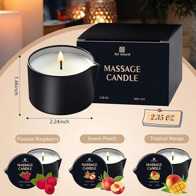 3 Pack Massage Oil Candles 2.35oz Low Temp Massage Candle Wax 3 Scent Spa Therapy Body Oil Valentines Gifts for Relaxation, Couples, or Self-Care (Sweet Peach, Passion Raspberry, Tropical Mango)