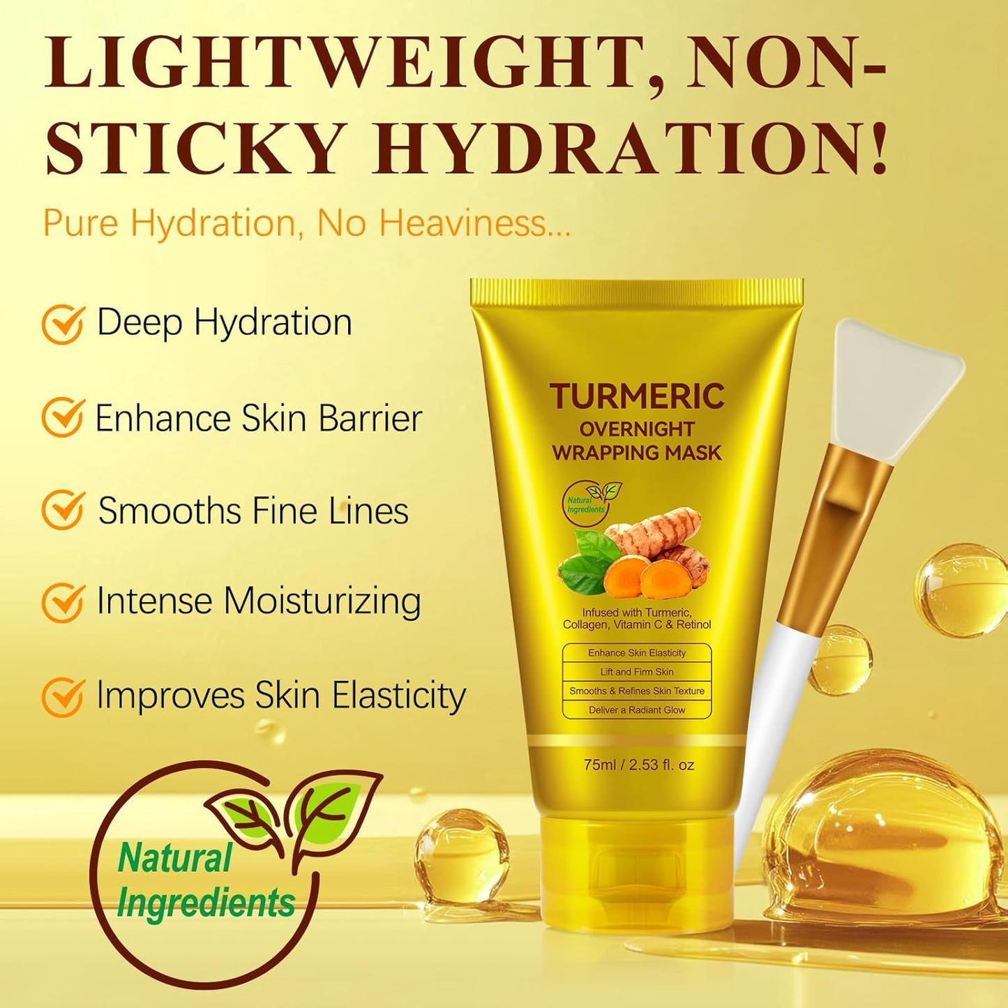 2 Pack Turmeric Vitamin C Collagen Overnight Wrapping Peel Off Mask for Lifting & Firming Face/Neck, Saggy/Dull/Roughed Skin treatment for Clear, Dewy, Radiant Face, 2.53 Oz/75 ML