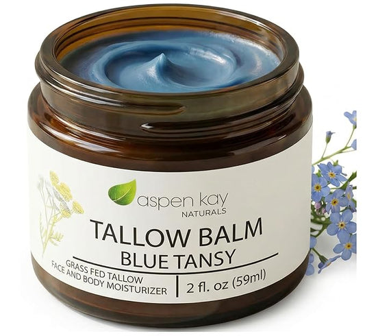 Aspen Kay Naturals Handmade 100% Grass Fed Beef Tallow Balm for Skin Care, With Organic Jojoba Oil + Chamomile (Blue Tansy) Organic Body Butter - 2 fl. oz. Made in USA