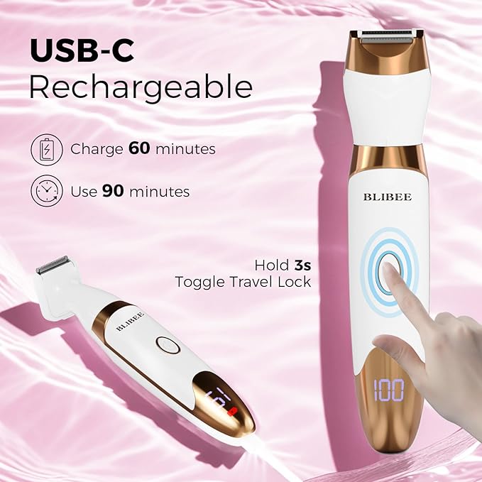Bikini Trimmer for Women, LED Display Electric Razors for Women, 5-in-1 Electric Shaver, Rechargeable Painless Pubic Hair Trimmer for Legs, Underarms, Face & Sensitive Skin (Gold)
