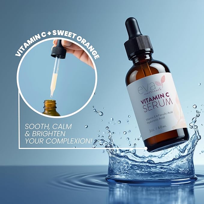 Eva Naturals Vitamin C Serum for Face - 20% Vit C with Hyaluronic Acid, Ferulic Acid & Vitamin E - Facial Serum for Dark Spots, Acne, Anti Aging, Glow & Even Skin Tone, 2 Fl Oz