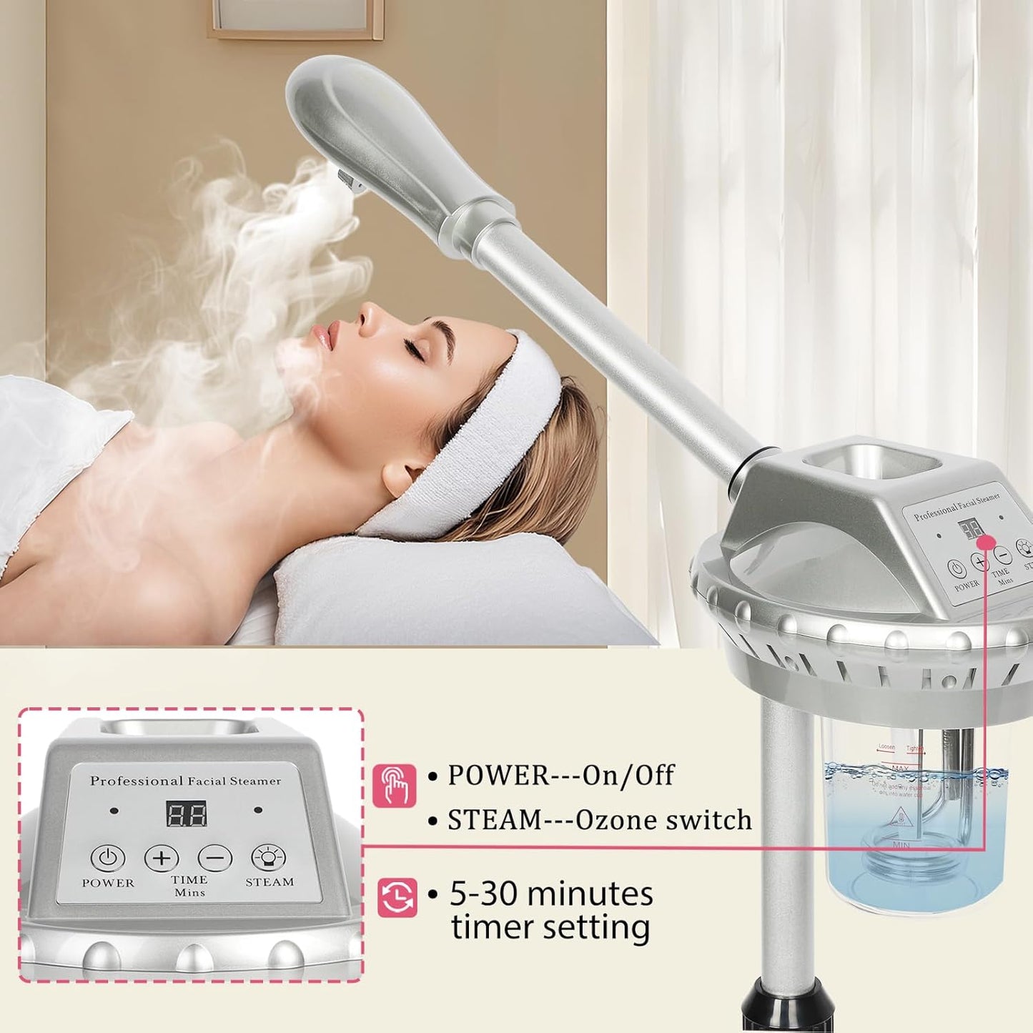Professional Facial Steamer for Estheticians Face Steamr on Wheels with Hot Mist & Timer Function Suitable for Home Use or Beauty Spa Deep Cleansing and Hydration