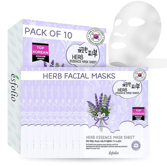 esfolio Herb Essence Face Mask – Hydrating & Nourishing Sheet Masks, Herbal Extract-Infused Skincare, Soothing & Moisturizing Facial Masks for All Skin Types (Pack of 10)
