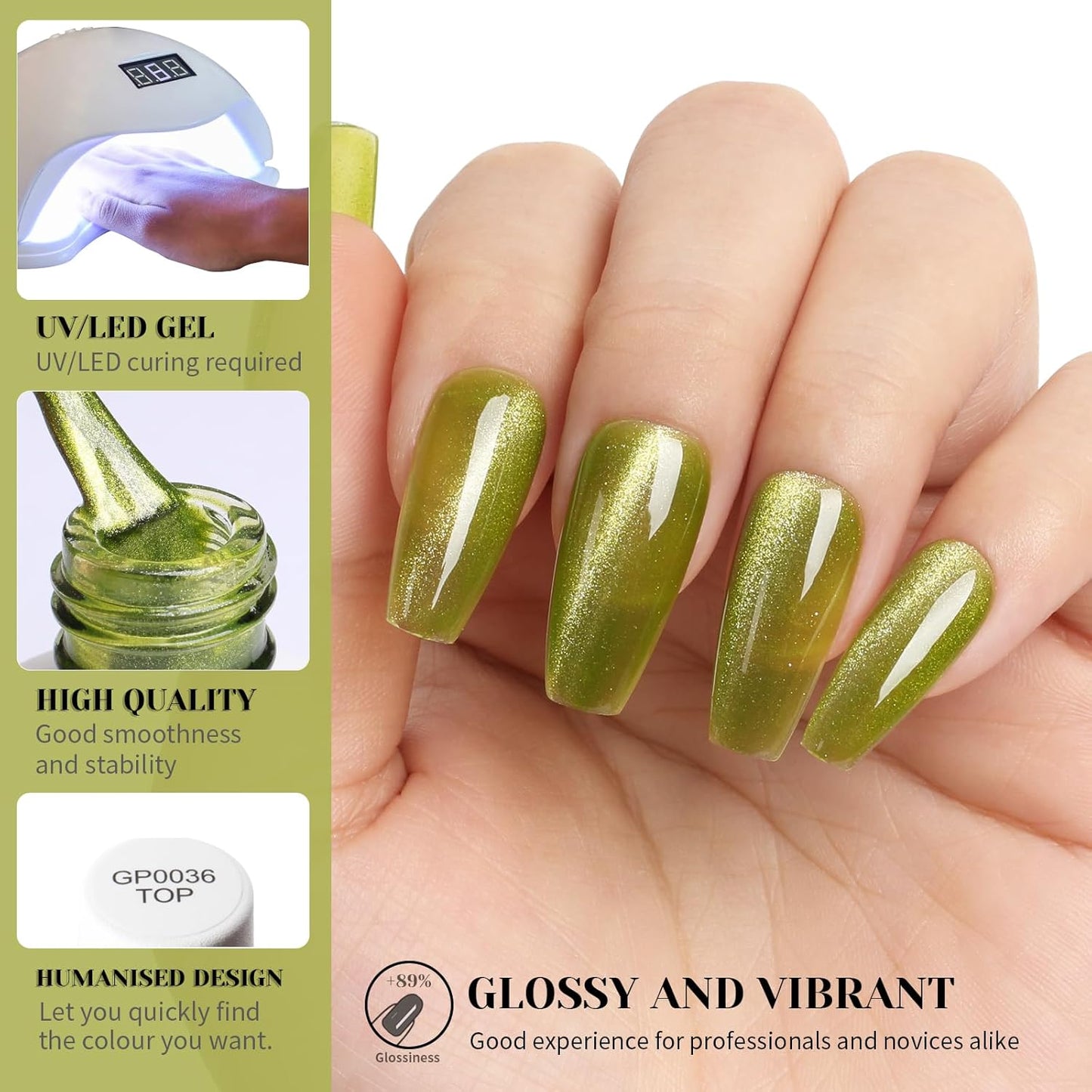Lime Green Cat Eye Gel Nail Polish, 0.51 Fl Oz Crystal Glitter Holographic Cateye Magnetic Gel Polish for Manicure Salon or Nail Art Starter,Yellow Green Summer Fall Color Gel - GP0081