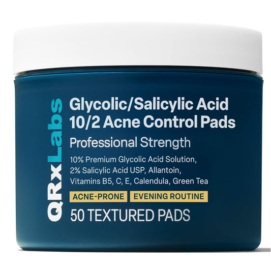 QRxLabs Salicylic & Glycolic Acid Pads (2% Salicylic & 10% Glycolic) - 50 Count Jar - Exfoliating Pads for Acne & Bacne Treatment with Vitamins B5, C & E & Calendula & Green Tea