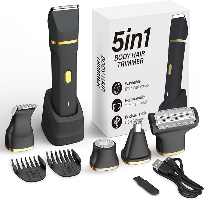 KINGTEE 5-in-1 Electric Bikini Trimmer for Women – IPX7 Waterproof Shaver, Cordless Body & Facial Razors for Women, Ceramic Blades, USB-C Rechargeable, Painless Hair Removal Kit (Black)