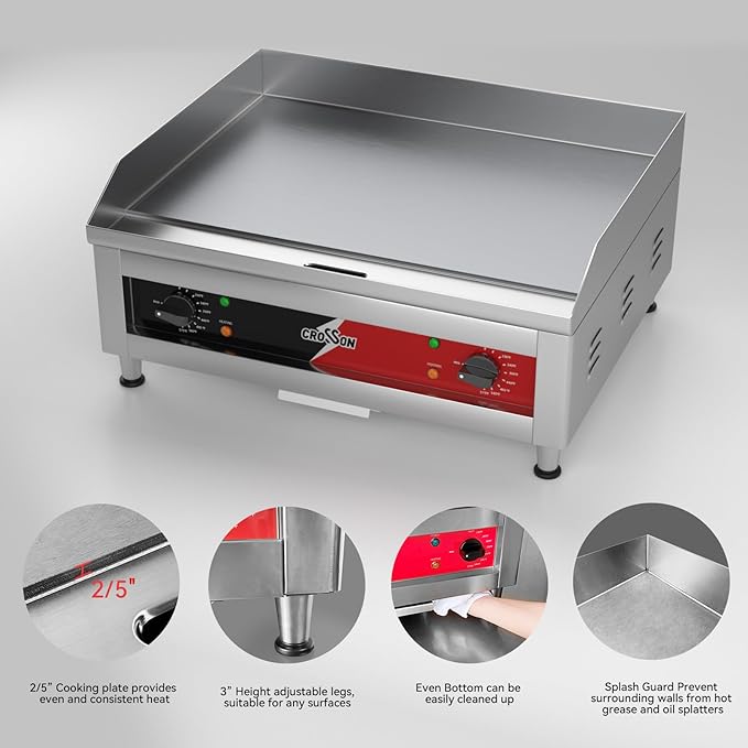 CROSSON 24"*16" Commercial Electric Countertop Griddle,Flat Top Heavy Duty Griddles with Non-Stick 2/5" Thick Iron Cooking Plate for Restaurant use-120V/3500W,Spatula Bonuses