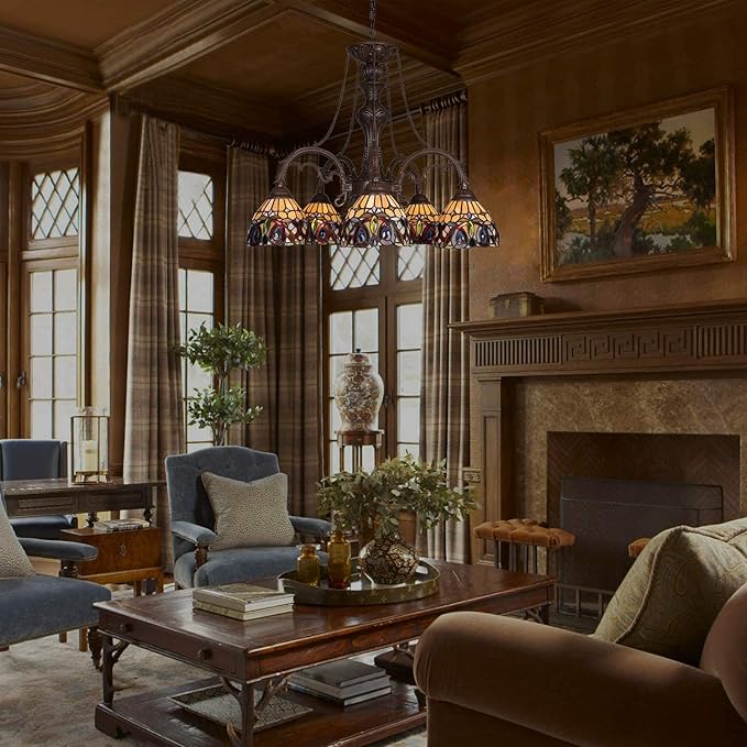 Capulina Tiffany Lamp Stained Glass Pendant Light Chandelier 5-Light Cream Brown Victorian Tiffany Style Pendant Light Fixtures for Dining Room Living Room Foyer Kitchen Home