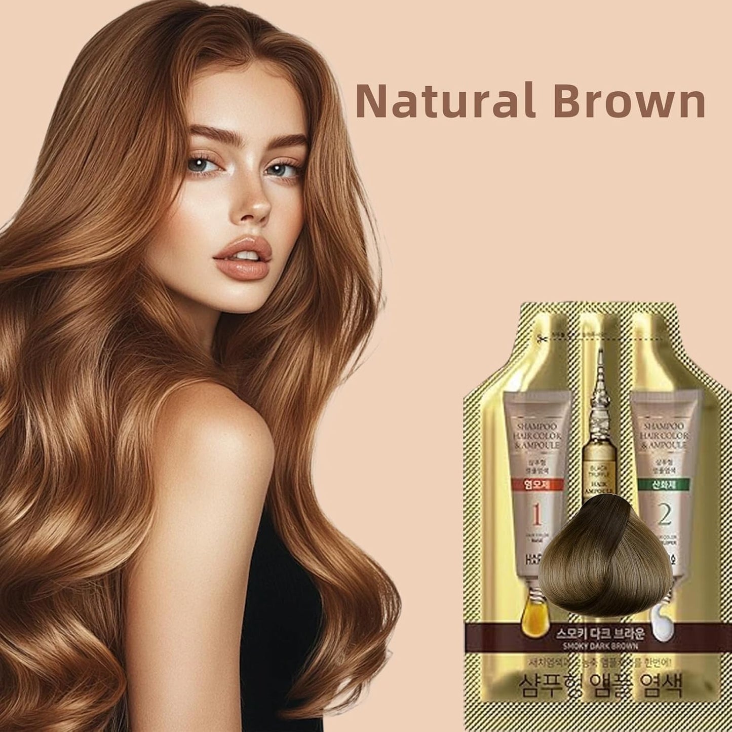 Instant Permanent Hair Color Dye Shampoo Ampoule - Paraben-Free, 5-Minute Easy and Fast Coloring, Keratin & Collagen, Made in Korea (Natural Brown)