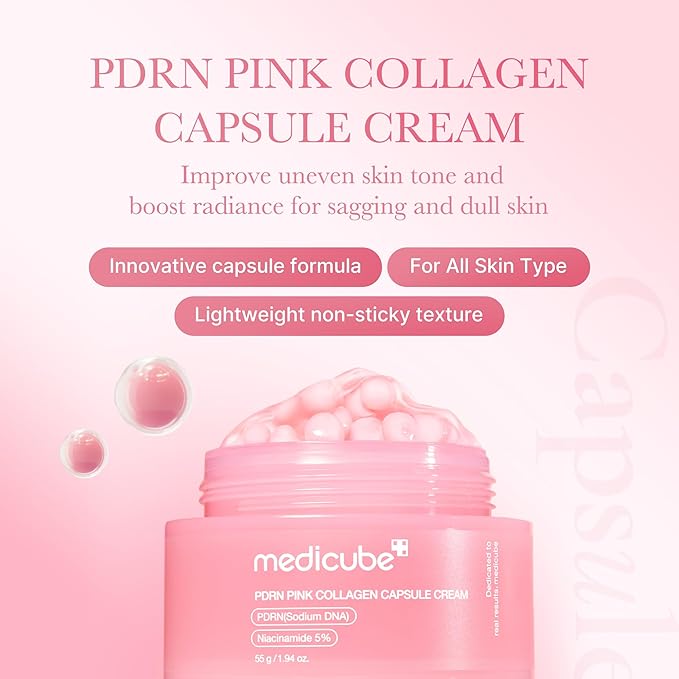 medicube PDRN Pink Shimmer Duo: Salmon DNA Pink Collagen Capsule Cream and PDRN Caffiene Overnight Wrapping Peel Off Facial Mask