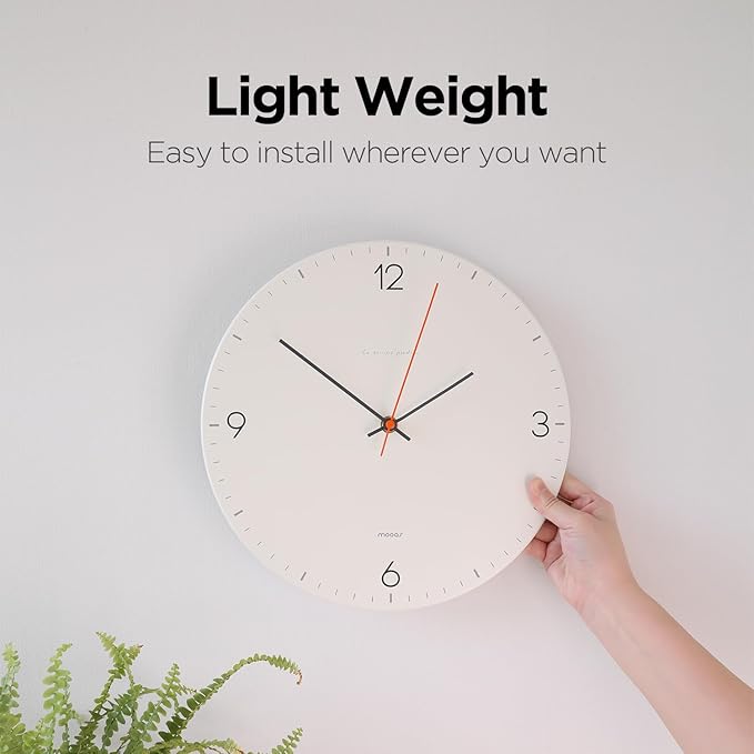 mooas Flatwood Wall Clock,12" Non-Ticking Sweep Movement Decorative Battery Operated Wall Clock for Home Living Room Kitchen Bedroom Office School (Simple Cream)