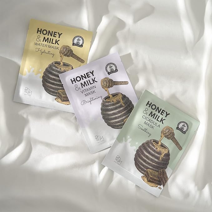 BOM COSMETICS Honey & Milk Vitamin Mask 10ea 0.84 oz Deep Hydration, Sensitive Skin Friendly Hypoallergenic Sheet Mask With Honey & Milk Extract & 13 Vitamins, Korean Skincare Face Mask