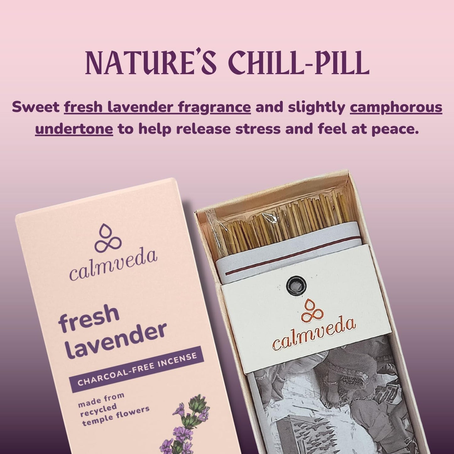 Fresh Lavender Incense for Calming - 80 Charcoal Free Incense Sticks, Made from Upcycled Flowers | Organic Incense Sticks Non Toxic | Use for Relaxation & Improves Sleep - Glowelle