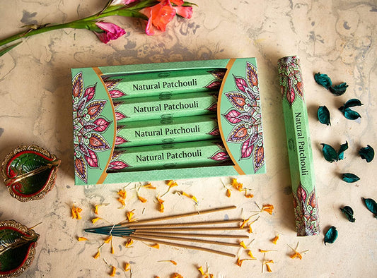 Raajsee Incense Sticks Natural Patchouli 15 Sticks x 5 Pack -100% Pure Organic Hand Rolled Free from Chemicals -Perfect for Church Aromatherapy, Stress Relief, Meditation - Glowelle