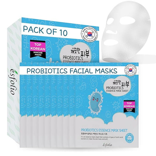 esfolio Probiotics Face Mask – Hydrating, Nourishing Korean Sheet Mask with Probiotics, Hyaluronic – Restores Skin Balance, Strengthens Barrier, Fixes Dull, Dry Skin for a Healthy Glow (Pack of 10)