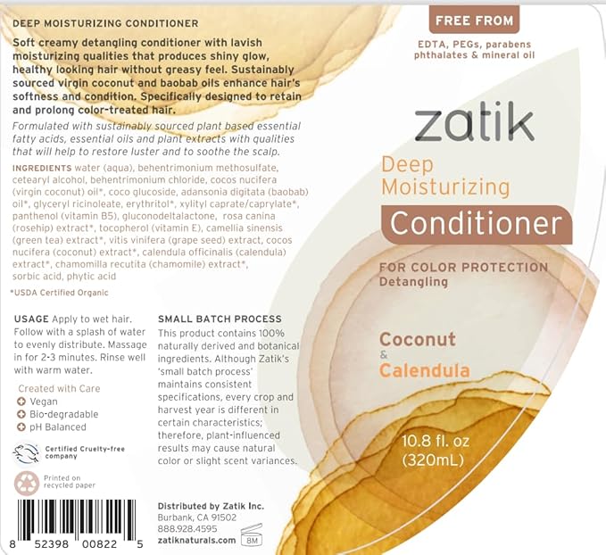 Zatik Naturals - Deep Moisturizing Shampoo + Conditioner Set - Coconut & Calendula, for Colored, Dry damaged Hair, Biodegradable, pH Balanced, FREE from Parabens, fragrances, 10.8 fl oz (One of Each)