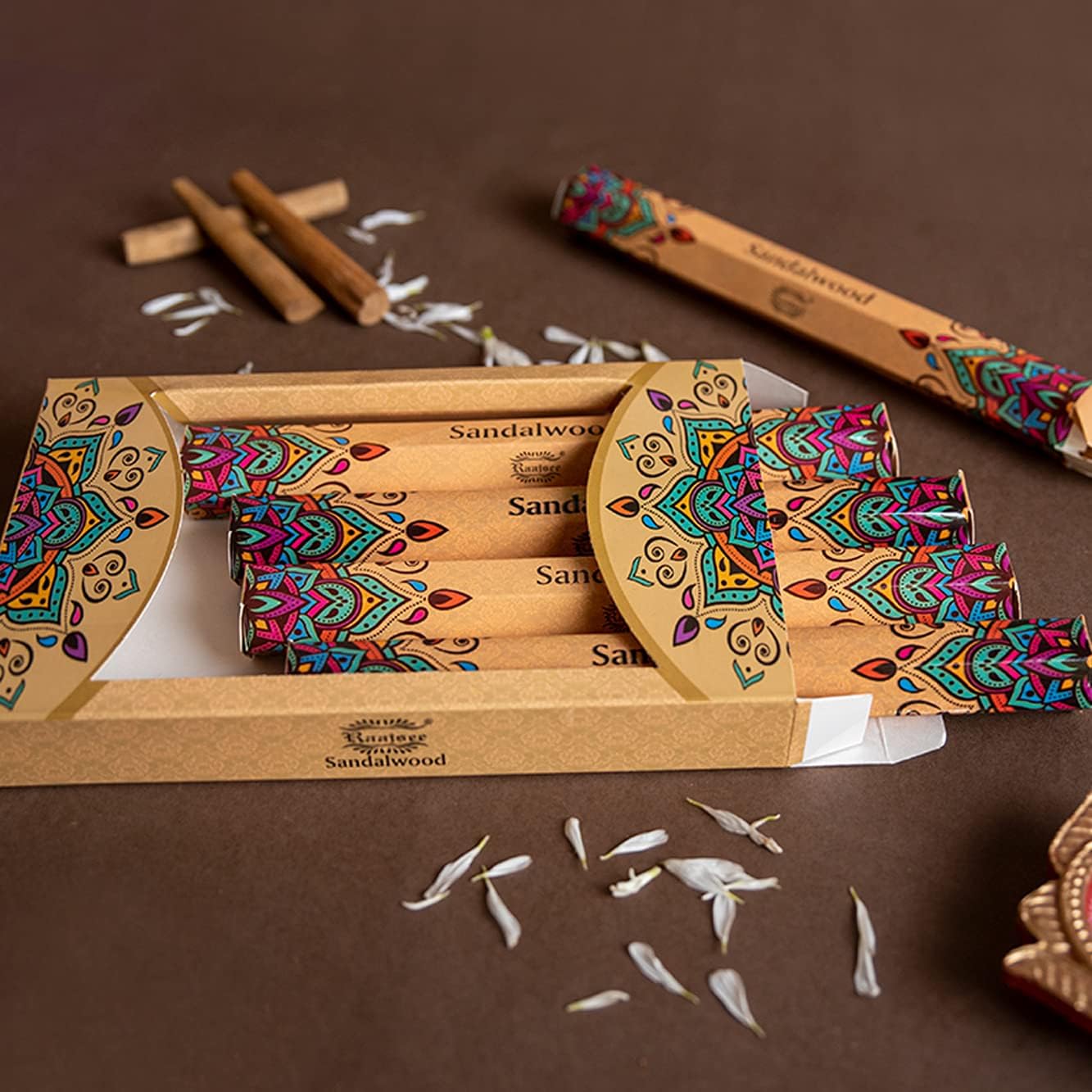 Raajsee Sandalwood Incense Sticks 15 Sticks x 5 Pack -100% Pure Insense Organic Natural- Hand Rolled Free from Chemicals - insent Stick Perfect for Church Aromatherapy, Stress Relief, Meditation - Glowelle