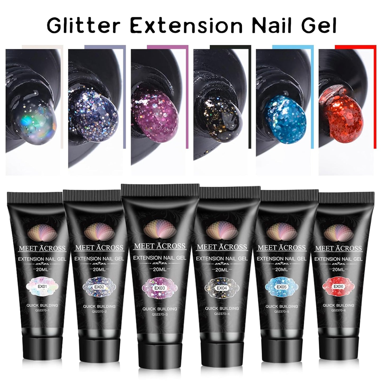 MEET ACROSS 20ML Poly Nail Gel Set - 6 Colors Glitter Sequins Extension Nails, Blue Black Red Purple Long Lasting, Shiny-looking, Strong Builder Enhancement for Salon Manicure DIY at Home